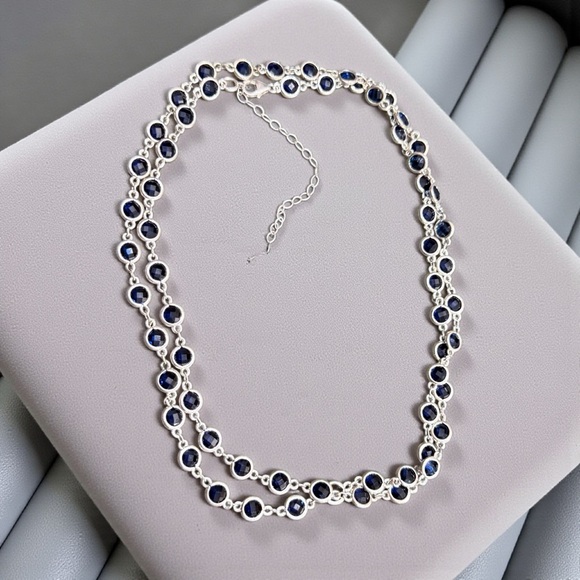 Sapphire Blue Iolite Long Sterling Silver Necklace Double Layer Gemstone Chain